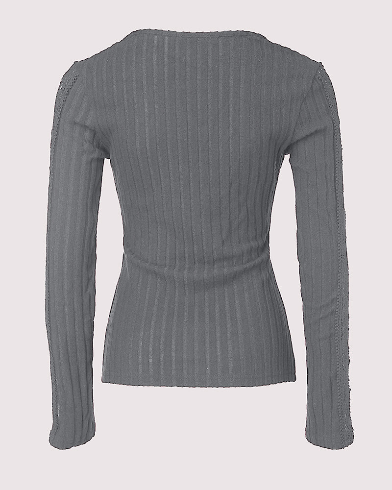 Overlap V-Neck Lace Trim Hollow-out Long Sleeve Tee Slim Fit Ribbed Layering Top