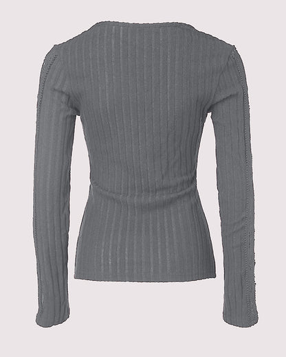 Overlap V-Neck Lace Trim Hollow-out Long Sleeve Tee Slim Fit Ribbed Layering Top