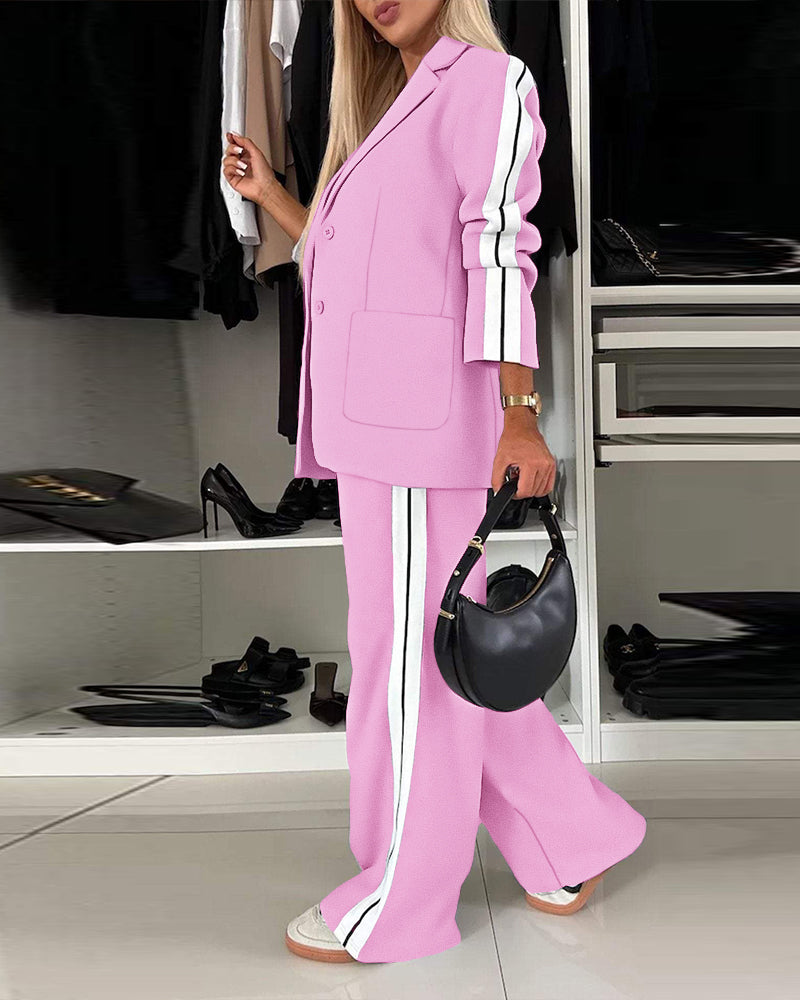2 Pieces Outfit Notched Collar Single Breasted Pockets Design Coat and Elastic Waist Seam Front Wide Leg Pants Set Casual Contrast Side Striped Blazer Set