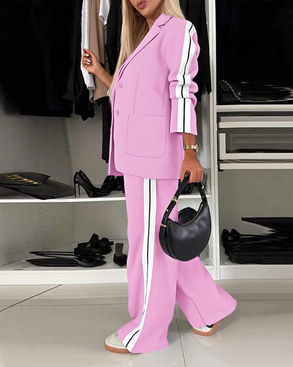 2 Pieces Outfit Notched Collar Single Breasted Pockets Design Coat and Elastic Waist Seam Front Wide Leg Pants Set Casual Contrast Side Striped Blazer Set