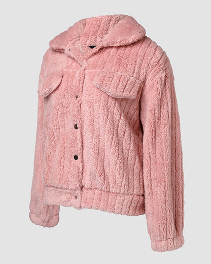 Textured Striped Turn-down Collar Button Front Elastic Cuff and Hem Teddy Fleece Jacket With Decorative Flap Pockets