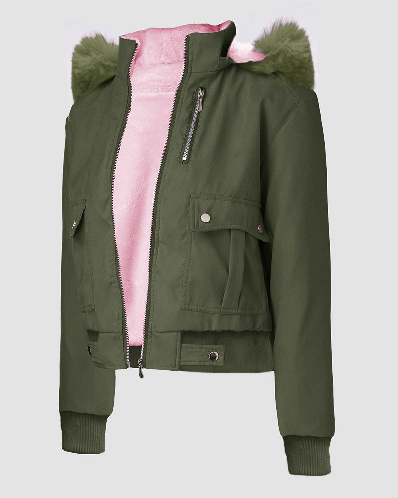 Fuzzy Trim Jacket Hooded Zip Up Fleece Lined Coat Outwear with Pockets