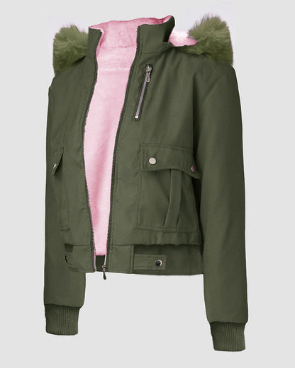 Fuzzy Trim Jacket Hooded Zip Up Fleece Lined Coat Outwear with Pockets