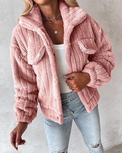 Textured Striped Turn-down Collar Button Front Elastic Cuff and Hem Teddy Fleece Jacket With Decorative Flap Pockets