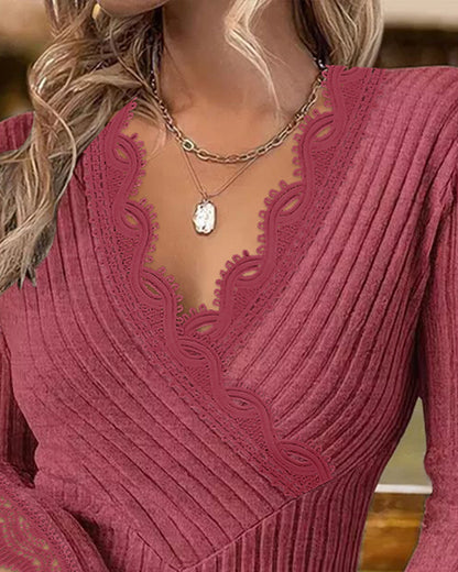 Overlap V-Neck Lace Trim Hollow-out Long Sleeve Tee Slim Fit Ribbed Layering Top