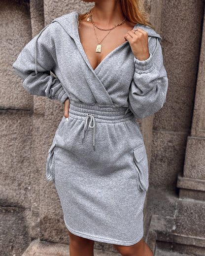 Overlap V-Neck Drop Shoulder Cinched Waist Drawstring Hoodie Dress Casual Flap Cargo Pockets Design Drawstring Elastic Waist Midi Dress