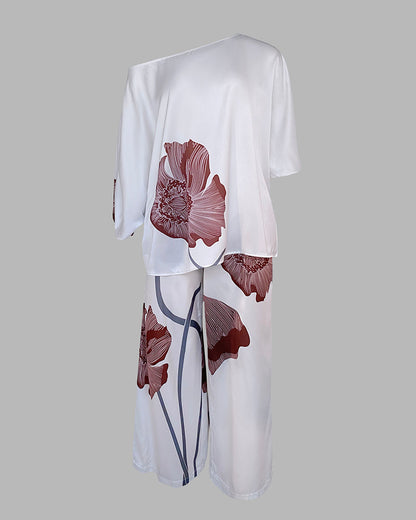 Women's Floral 2-Piece Satin Matching Set Skew Neck Batwing Sleeve Top and High Waisted Straight Leg Pants with Pockets