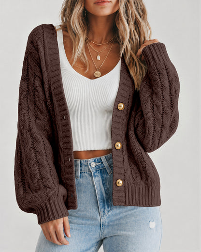 Women's Cable Knit Cardigan V Neck Button Down Chunky Knit Sweater Loose Lantern Sleeve Warm Outerwear
