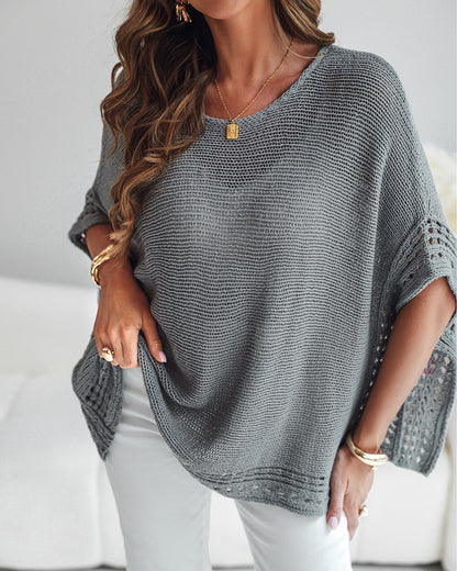 Solid Batwing Sleeve Hollow-out Crochet Pattern Top Casual Cover Up