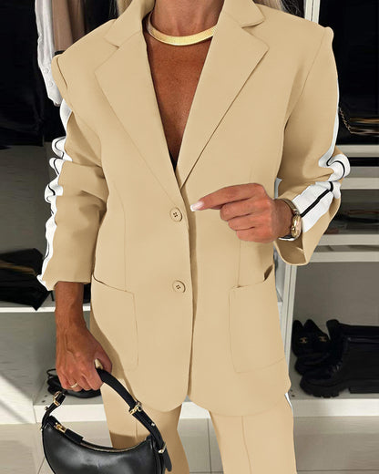 2 Pieces Outfit Notched Collar Single Breasted Pockets Design Coat and Elastic Waist Seam Front Wide Leg Pants Set Casual Contrast Side Striped Blazer Set