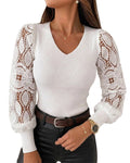 CHICMELIVE Women's Long Sleeve Lace Sweater V Neck Pullover Knit Tops