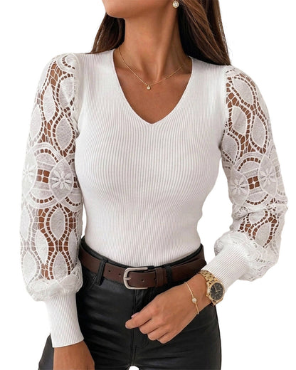 CHICMELIVE Women's Long Sleeve Lace Sweater V Neck Pullover Knit Tops