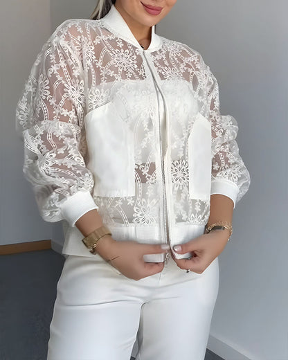 Floral Lace Embroidered Mesh Patchwork High-Low Hem Baseball Coat Casual Side Slit Zip Up Bomber Jacket