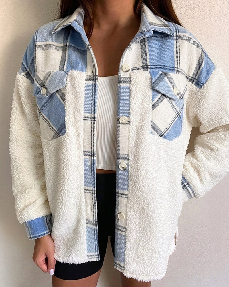 CHICMELIVE Women's Fleece Jacket Plaid Patchwork Sherpa Shacket