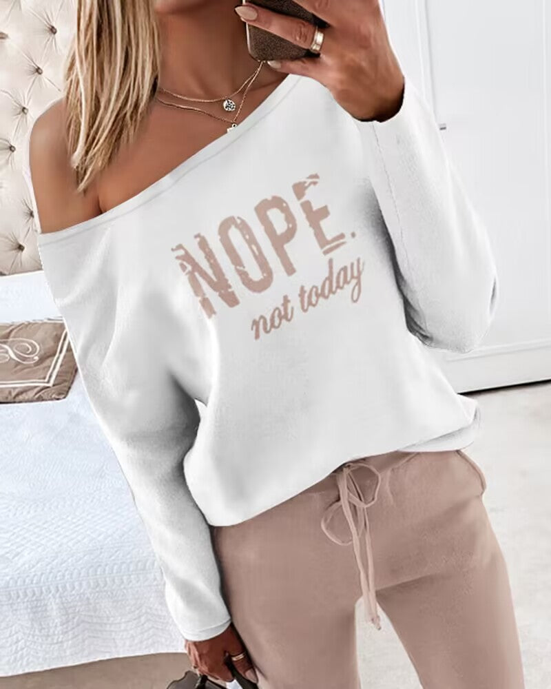 2 Pieces Outfit NOPE. not today Slogan Print Skew Neck Long Sleeve Pullover Top and Casual Drawstring Stretchy Waist Slim Fit Pants Set