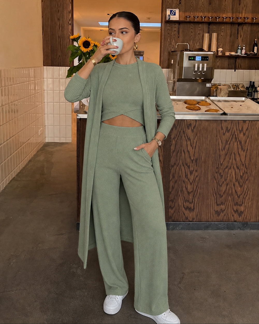 CHICMELIVE Women's 3 Piece Lounge Set Ribbed Cardigan Tank Wide Leg Pant