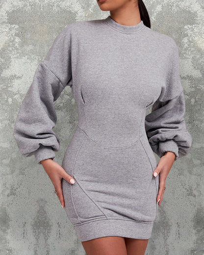 Lantern Sleeve Bodycon Pullover Sweatshirt Dress Crew Neck Mini Dress