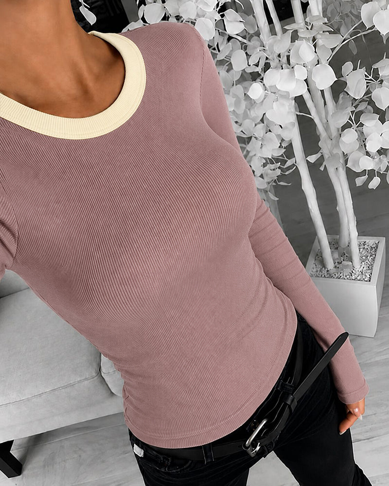 CHICMELIVE Women's Ribbed Long Sleeve Shirts Contrast Crewneck Fitted Basic Tee