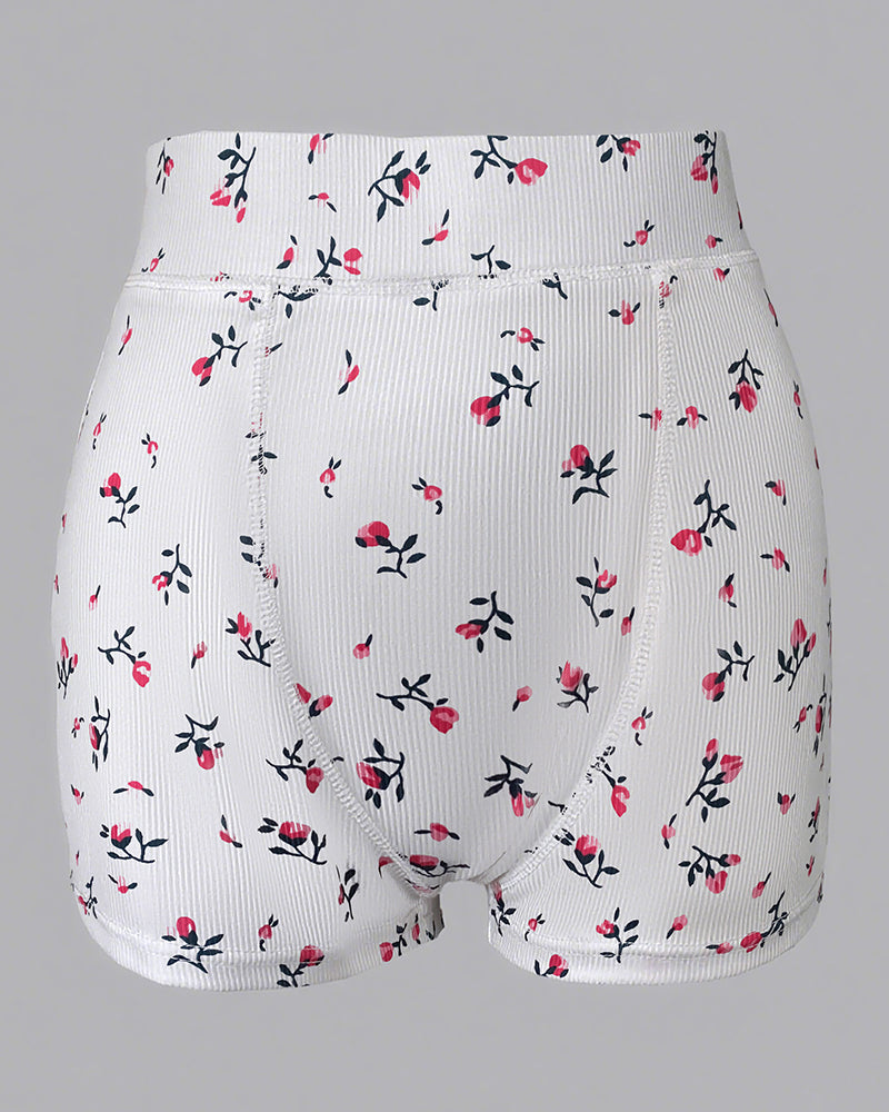 2 Pieces Outfit Ditsy Floral Print U-Neck Tank Top and Elastic Waist Shorts Set Slim Fit Ribbed Set