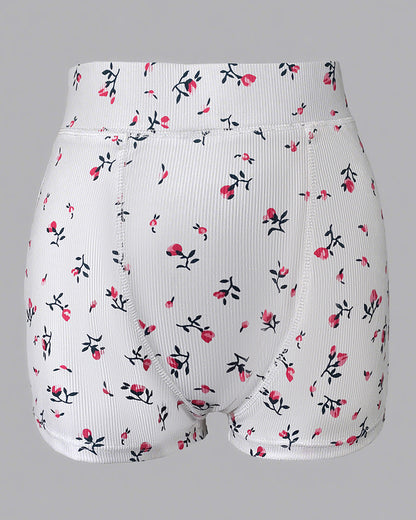 2 Pieces Outfit Ditsy Floral Print U-Neck Tank Top and Elastic Waist Shorts Set Slim Fit Ribbed Set