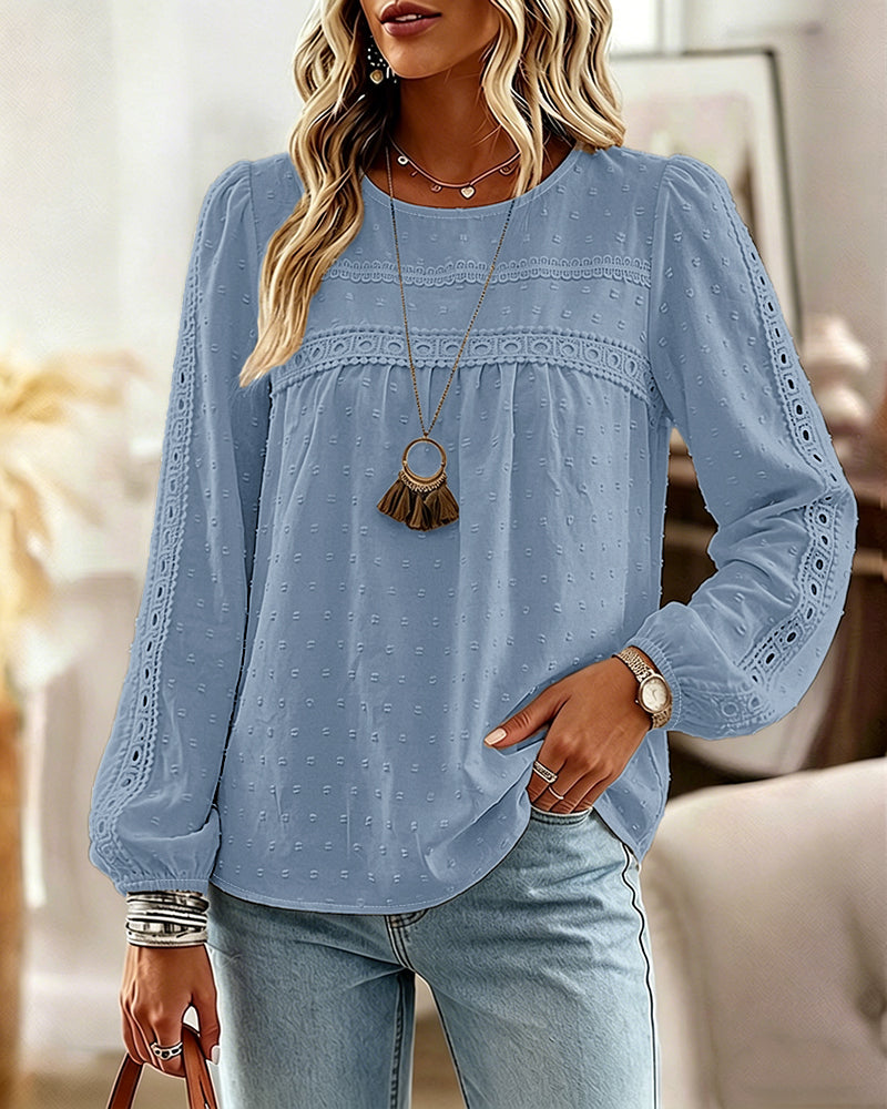 Women's Hollow-Out Lace Spliced Lantern Sleeve Top Elegant 3D Jacquard Chiffon Blouse for Work and Daily Wear