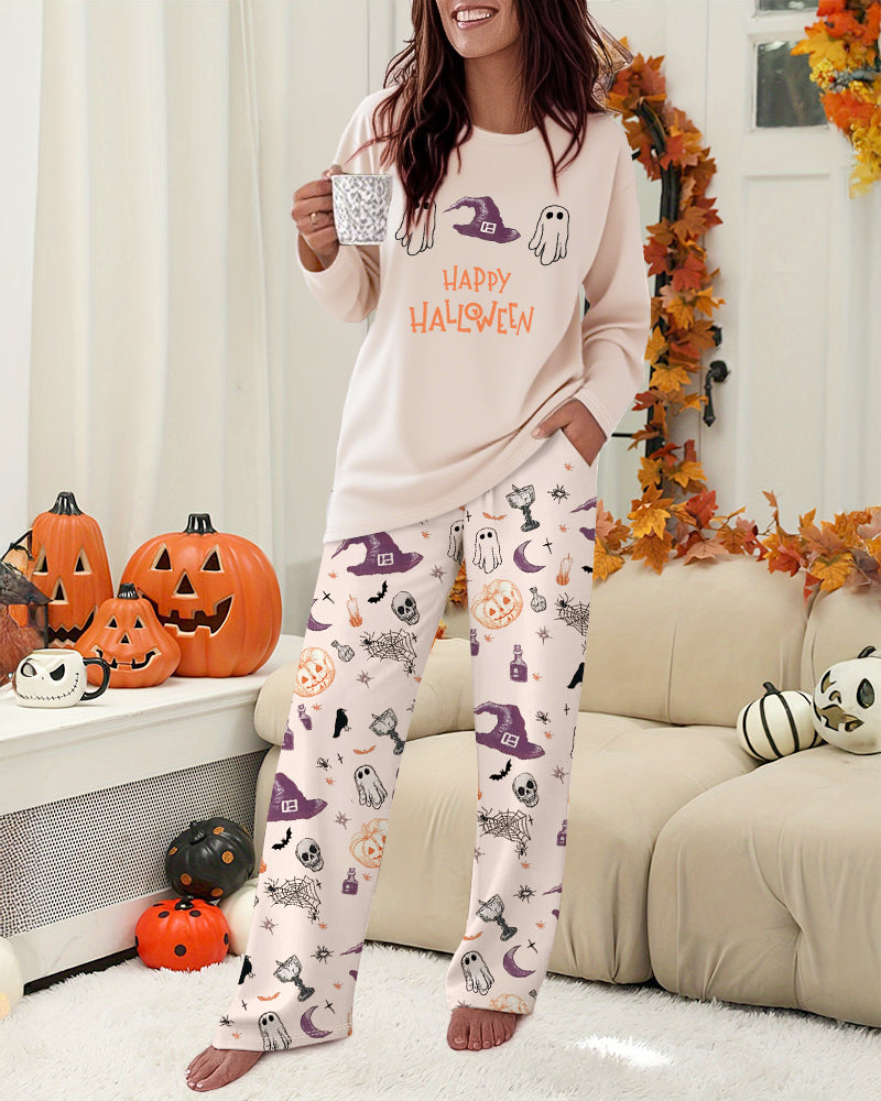 CHICMELIVE 2 Pieces Outfit HAPPY HALLOWEEN Slogan & Graphic Print Long Sleeve Top and Graphic Print Elastic Waist Pants Set Casual Pajamas Set
