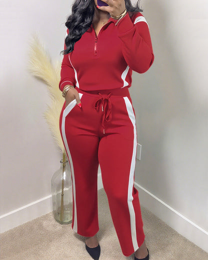 2 Pieces Outfit Half Zip Long Sleeve Top and Drawstring Elastic Waist Pants Set Casual Contrast Paneled Side Set