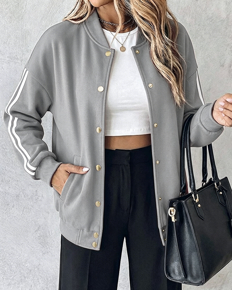 Women's Varsity Jacket Contrast Side Striped Loose Baseball Jacket Button Up Bomber Jacket