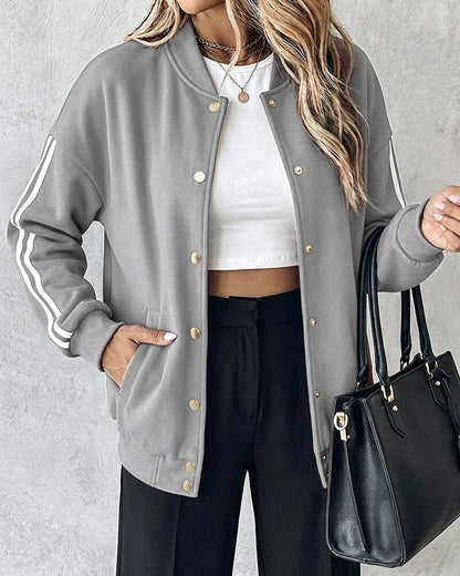 Women's Varsity Jacket Contrast Side Striped Loose Baseball Jacket Button Up Bomber Jacket