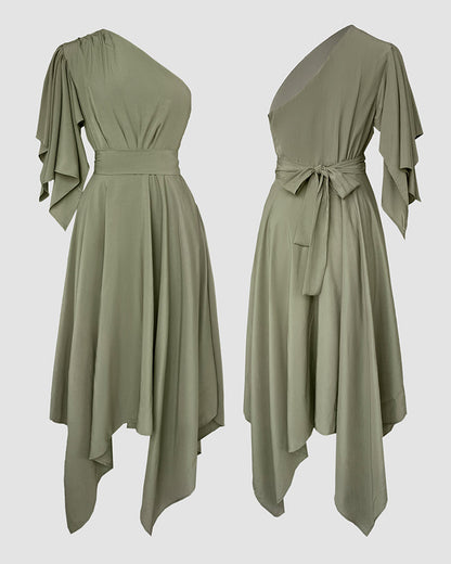 One Shoulder Asymmetrical Sleeve Bow Tie Party Dress Casual Zipper Side Cinched Waist Asymmetrical Hem Maxi Dress With Belt