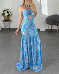 ChicMeLive Women's Floral Halter Maxi Dress Cutout High Waisted Shirred Mermaid Ruffle Hem Dress
