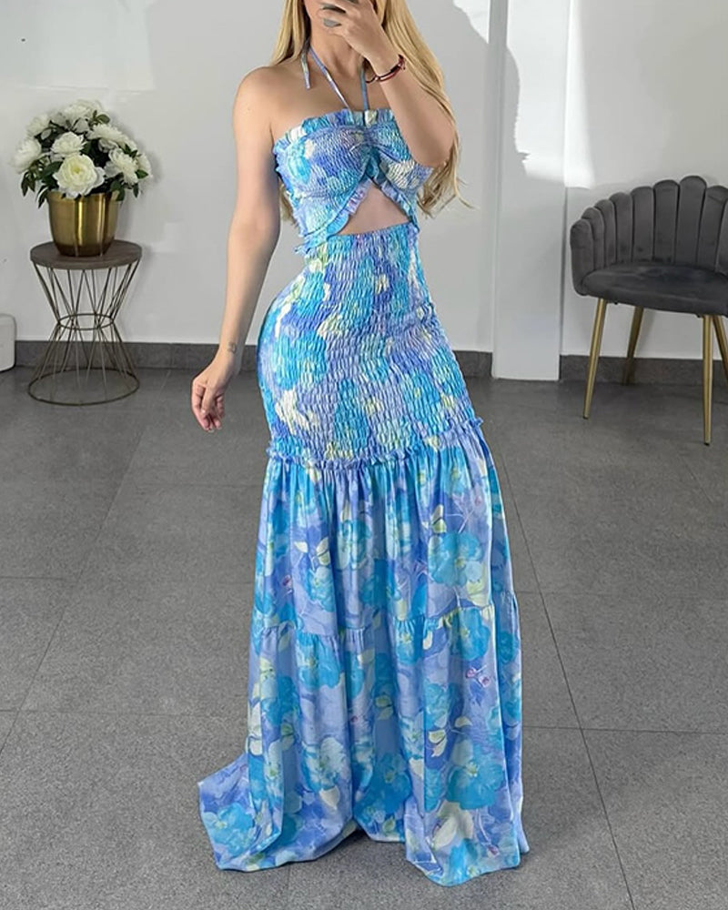 ChicMeLive Women's Floral Halter Maxi Dress Cutout High Waisted Shirred Mermaid Ruffle Hem Dress