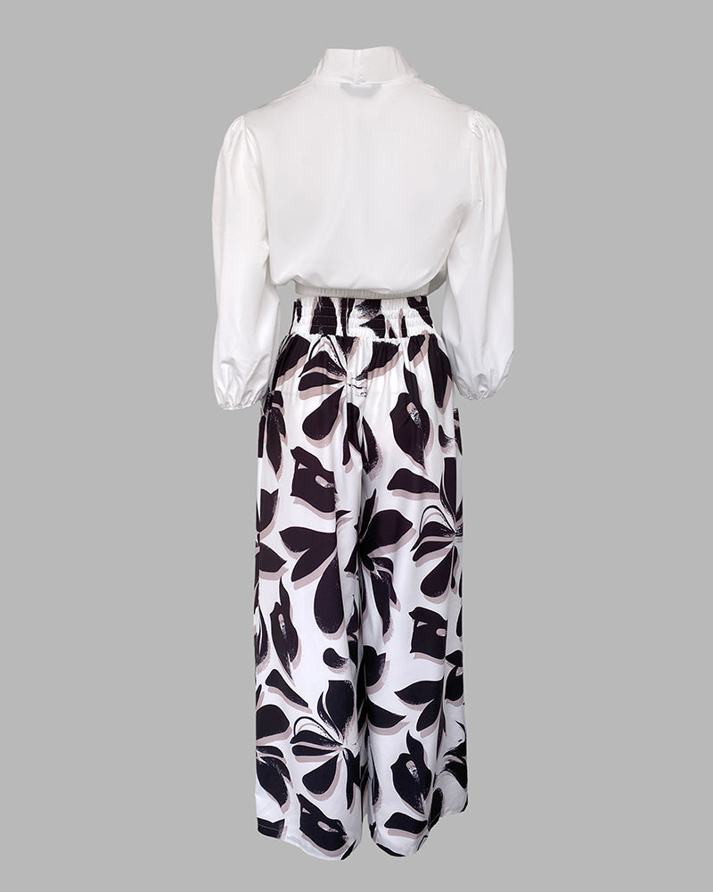 2 Pieces Outfit Wrap Plunge V Neck Crop Blouse and Casual Floral Print Wide Leg Pants Set