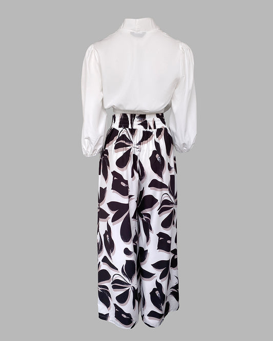 2 Pieces Outfit Wrap Plunge V Neck Crop Blouse and Casual Floral Print Wide Leg Pants Set