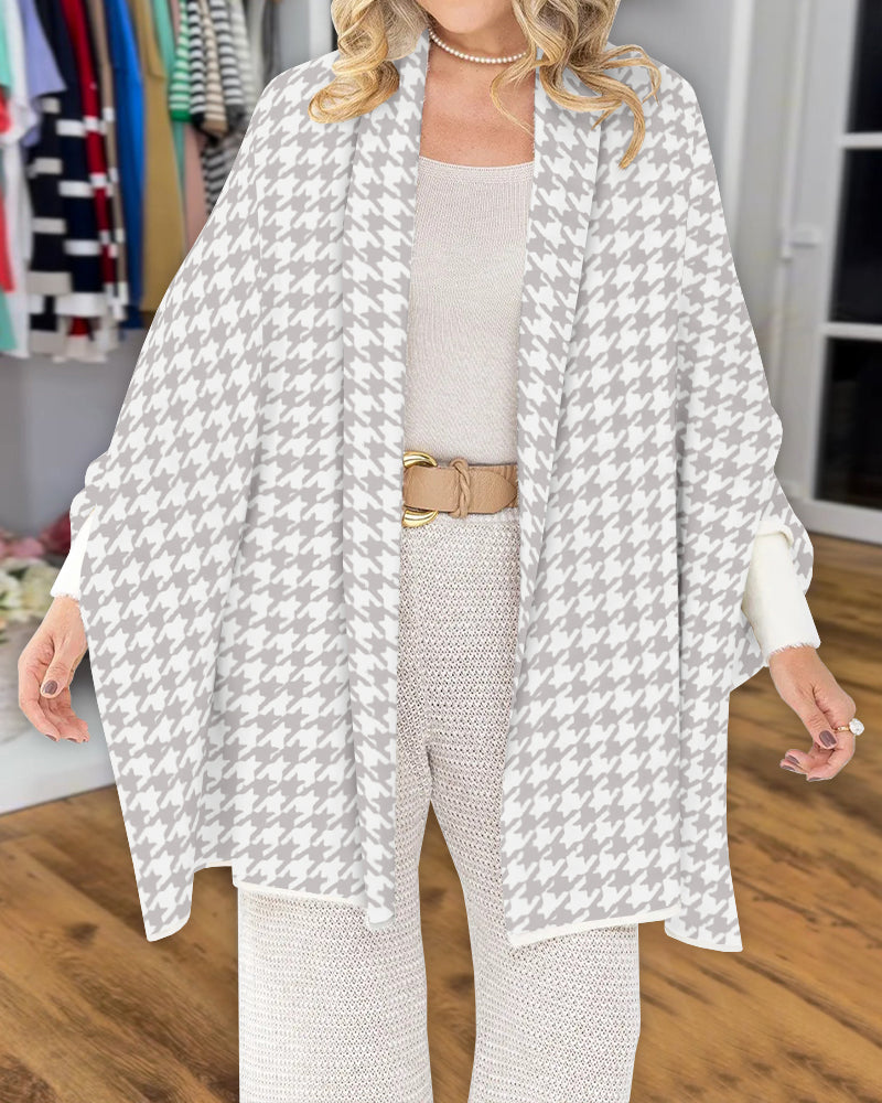 Houndstooth Print Versatile Loose Fit Sweater Coat Casual Warm Cape Shawl
