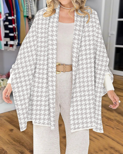 Houndstooth Print Versatile Loose Fit Sweater Coat Casual Warm Cape Shawl
