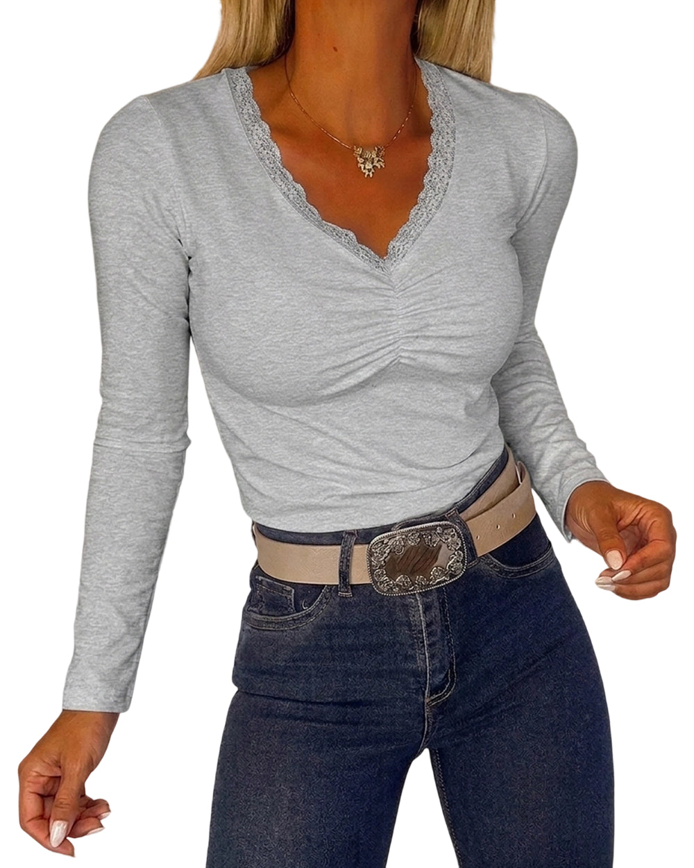CHICMELIVE Women Lace Long Sleeve Top V Neck Fitted Shirts Fall Blouses
