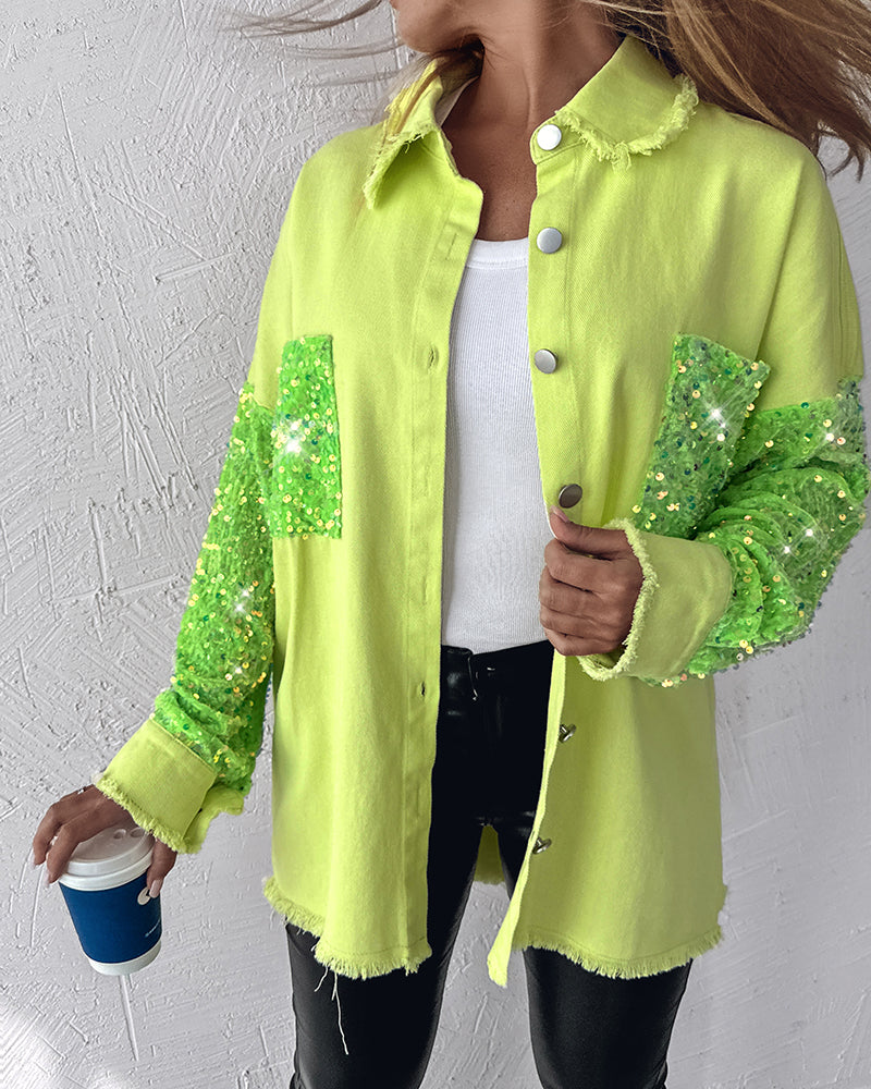 Casual Jacket Sequin Patchwork Long Sleeve Jacket Top Button Front Raw Hem Oversized Denim Shacket