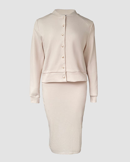 2 Pieces Outfit U-Neck Slit Back Slim Fit Knit Tank Dress and Pearl Button Front Baseball Coat Casual Ribbed Set