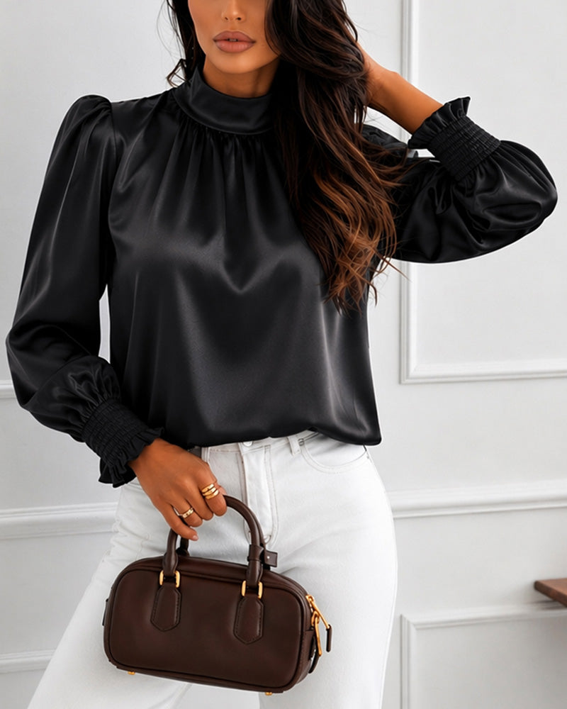 Women's Satin Blouse Mock Neck Puff Sleeve Shirt Back Tie Bow Elegant Ruched Shirt Shirred Frill Cuff Work Top