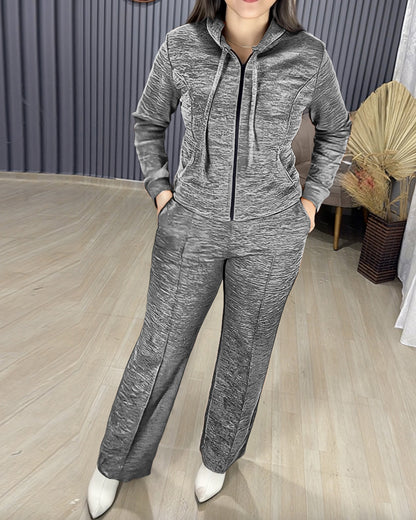 2 Pieces Outfit Long Sleeve Zip Up Drawstring Hoodie Coat and Casual Elastic Waist Seam Front Wide Leg Pants Set