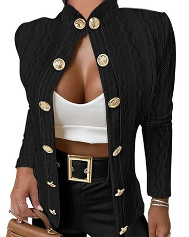 Metal Double Breasted Decor Stand Collar Argyle & Cable Textured Coat
