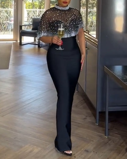 2 Pieces Outfit Detachable & Adjustable Spaghetti Straps Zipper Back Slit Slim Fit Maxi Dress and Rhinestone & Pearls Decor High Neck Zipper Back Sheer Mesh Poncho Cape