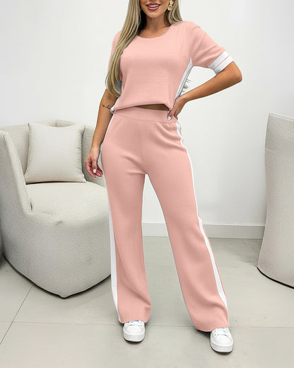 Women's Contrast Stripe 2 Piece Knit Outfits Short Sleeve Crewneck Top and Wide Leg Pants Set Casual Loungewear