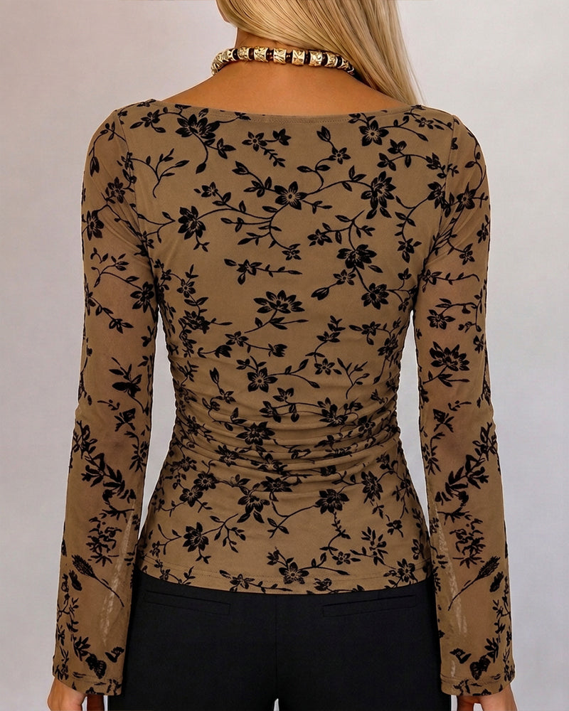 Couture Women's Bell Sleeve Floral Mesh Top