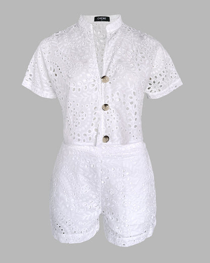 Women's Eyelet Embroidery Two Piece Outfits Stand Collar Button Up Crop Top and High Waist Shorts Set