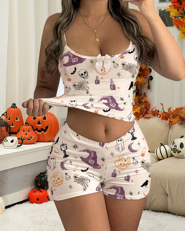 CHICMELIVE 2 Pieces Outfit Bowknot Decor Graphic Print U-Neck Adjustable Spaghetti Straps Cami Top and Elastic Waist Shorts Set Casual Pajamas Set