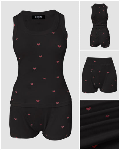 2 Pieces Outfit Heart Print U Neck Sleeveless Tank Top and Casual Strechy Waist Shorts Set Slim Fit Ribbed Pajamas Set