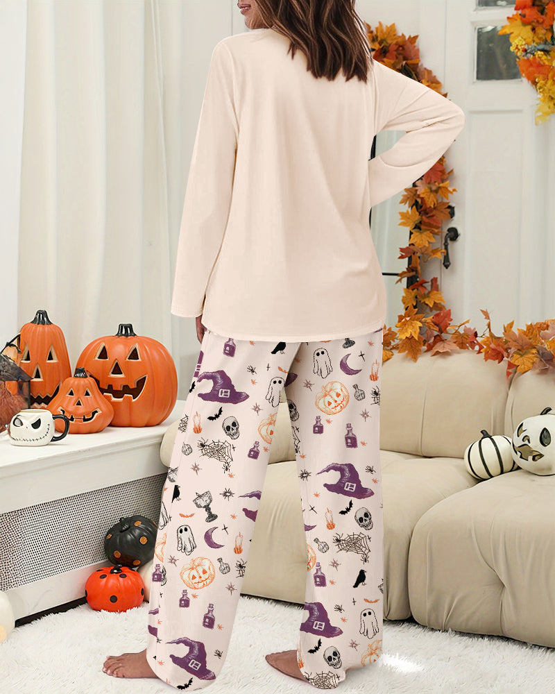 CHICMELIVE 2 Pieces Outfit HAPPY HALLOWEEN Slogan & Graphic Print Long Sleeve Top and Graphic Print Elastic Waist Pants Set Casual Pajamas Set