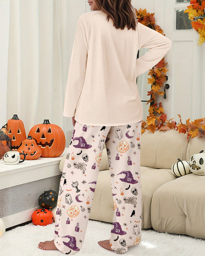 CHICMELIVE 2 Pieces Outfit HAPPY HALLOWEEN Slogan & Graphic Print Long Sleeve Top and Graphic Print Elastic Waist Pants Set Casual Pajamas Set